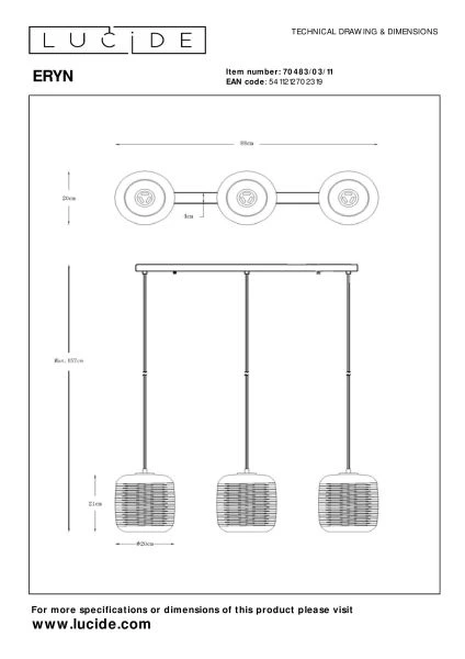 Lucide ERYN - Hanglamp - 3xE27 - Chroom - technisch